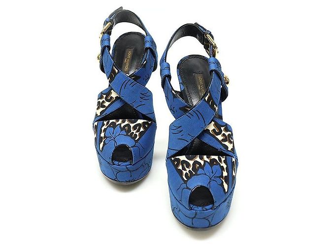Louis Vuitton Blue Fabric Flower Leopard Pattern Strap Platform Women's Sandals