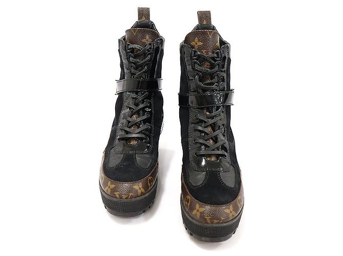 Louis Vuitton Black Suede Monogram Canvas Platform Desert Women's Ankle Boots Brown