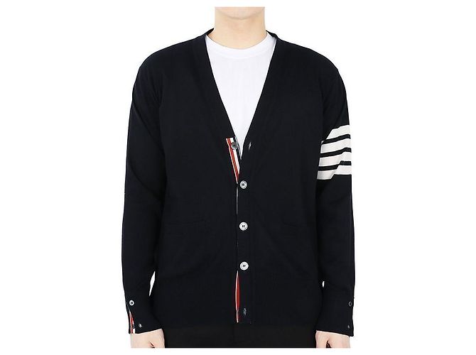 Thom Browne Herren V-Ausschnitt Wolle Cardigan mit diagonaler Band (Marine) Blau
