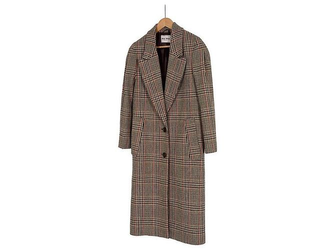Miu Miu Luxury Biar Female Back Logo Wool Plaid Oversized Check Long Coat Rust Orange