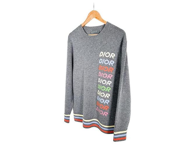 Dior Men's Wool Cashmere Multi Logo Knit Grey Brown