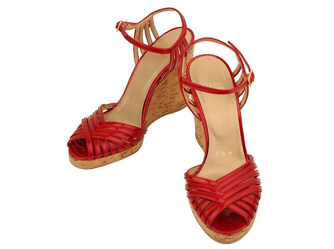 Stuart Weitzman Red Patent Strap Wedge Sandals