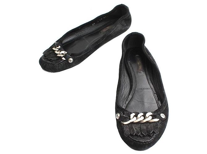 Louis Vuitton Pearl Black LV Silver Chain Suede Flats