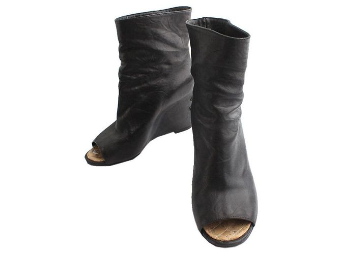 Chanel Black Lambskin Boucle CC Logo Open-Toe Wedge Boots