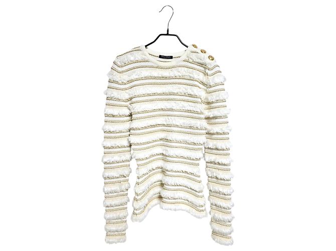 Balmain Damen Tweed Strick mit Schulterpolstern Weiß