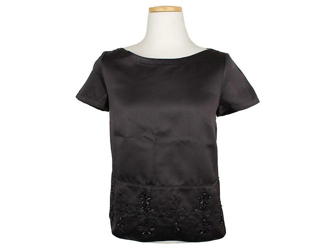 Jil Sander Schwarzes Seidentop mit Perlen 