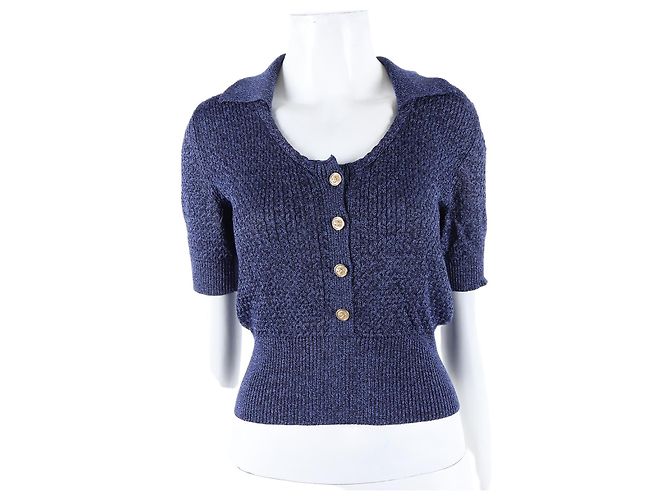 Chanel Pull en Soie à Manches Courtes Bleu