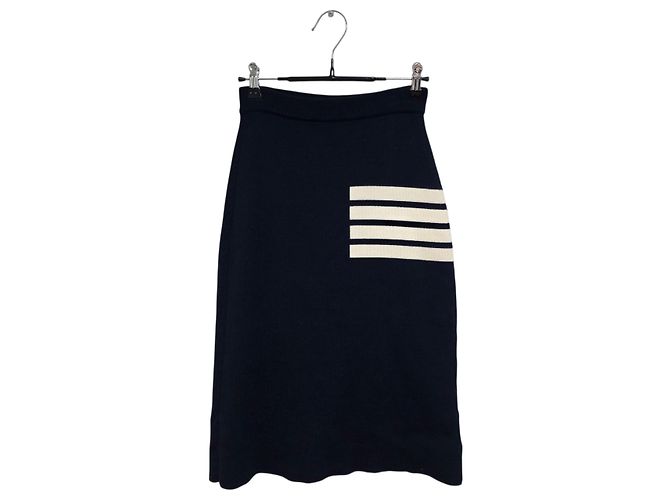 Thom Browne Bars Double-Faced Wool Knit Skirt Blue