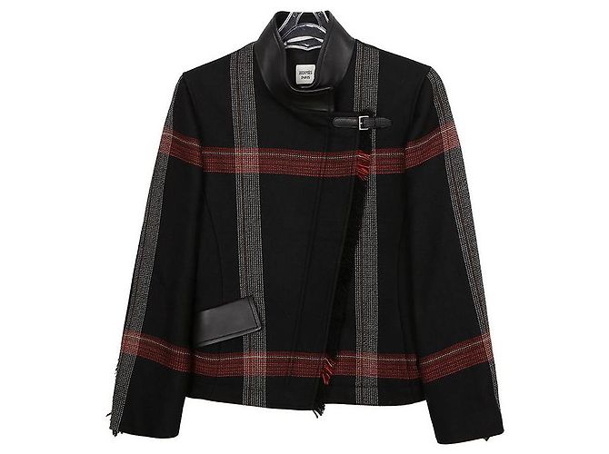 Hermès Size Stripe Wool Leather Jacket Black