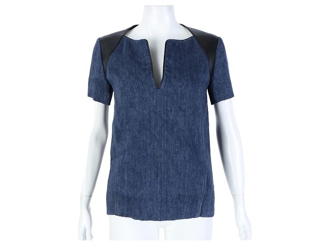 Leinen-T-Shirt mit kurzen Ärmeln und Lederbesatz von Hermès Blau