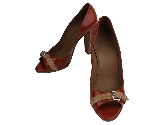 Hermès Red Brown Patent Open Toe Pumps