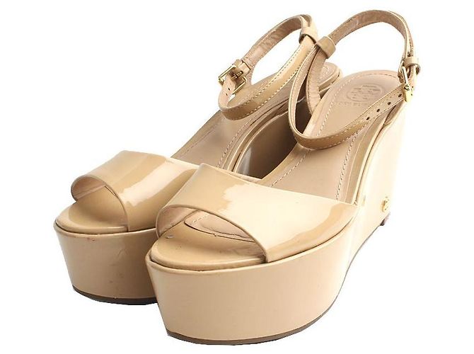 Tory Burch Beige Patent Platform Sandals Brown