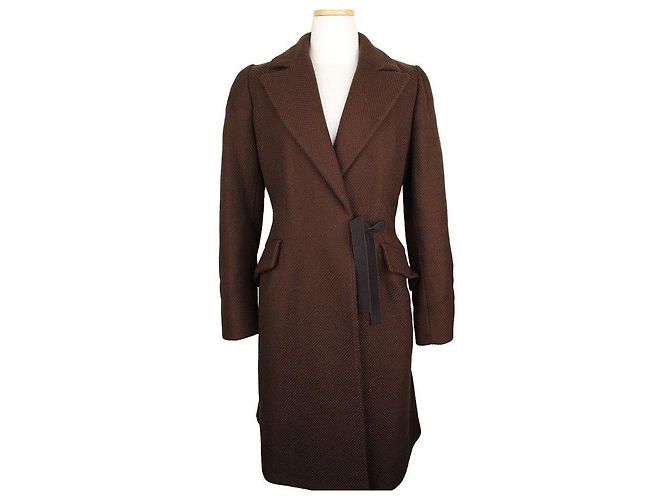 Ribbon Prada Chocolate Brown Virgin Wool Embossed Long Coat