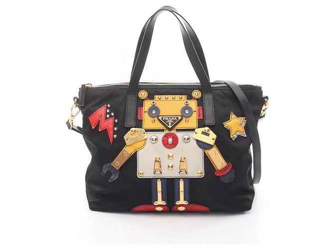 Bolsa tote de nylon e couro Saffiano Prada Preto Multicor