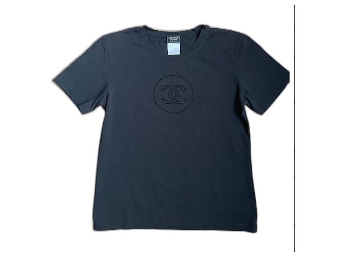 T-shirt nera nuova CHANEL Logo CC Flock TM Nero