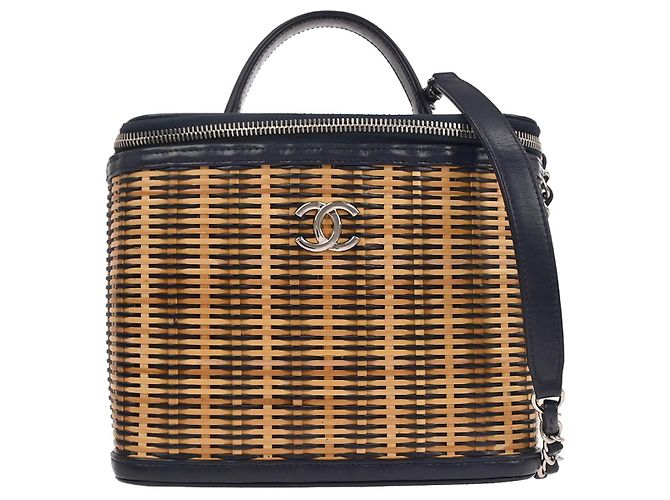 Chanel Vanity Case Take Away in Rattan e Pelle di Vitello Piccolo Blu navy