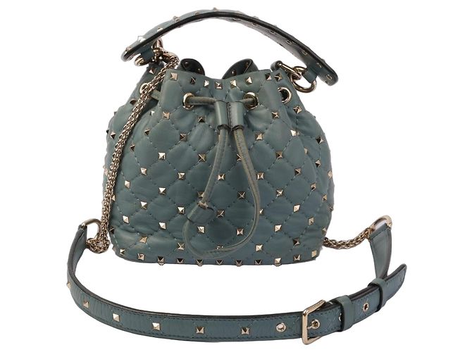 Borsa a secchiello Valentino Garavani Rockstud in pelle trapuntata teal Blu