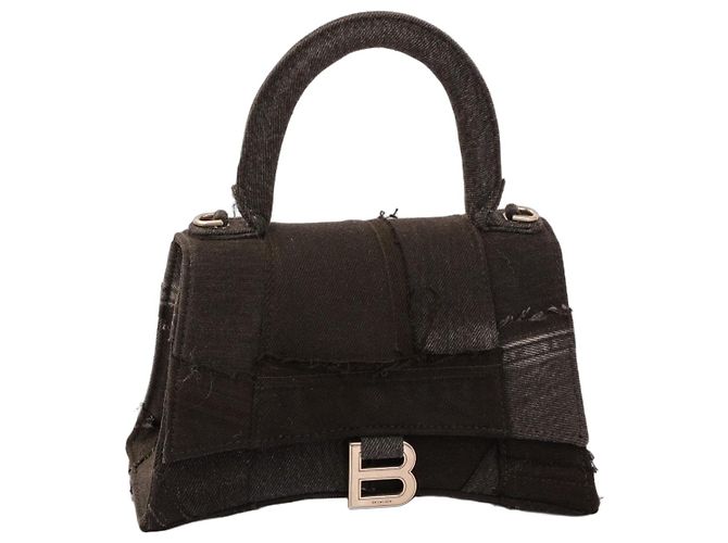 Borsa Balenciaga Hourglass in jeans patchwork nero