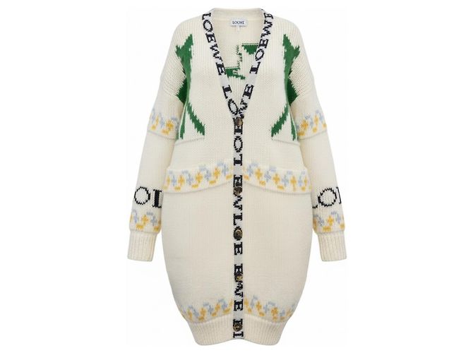 Loewe Cardigan Longo com Logo Creme Mohair Lã