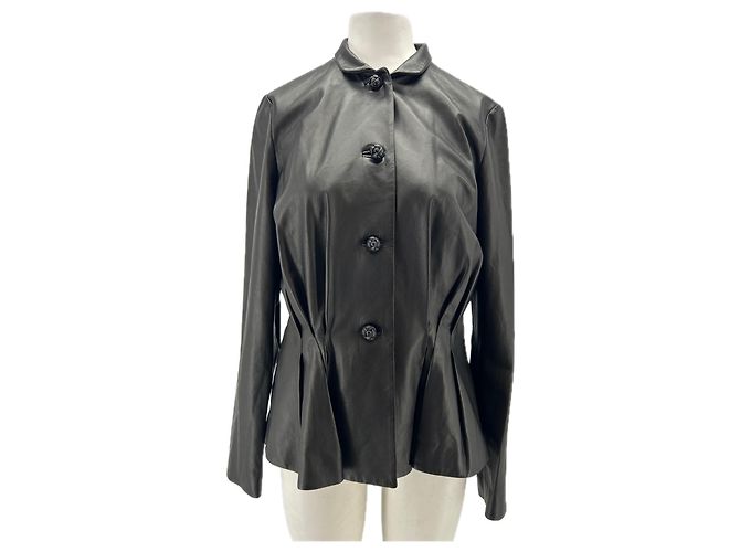 Shanghai Tang Giacca in pelle nera e seta Nero