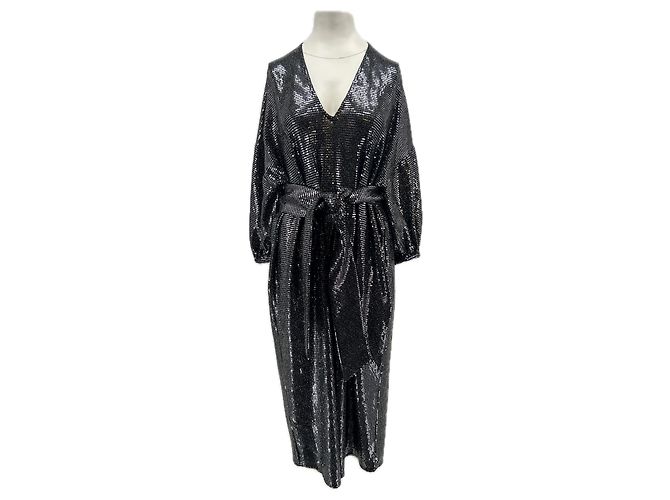 Roseanna Pailletten-Kleid mit Gürtel Schwarz
