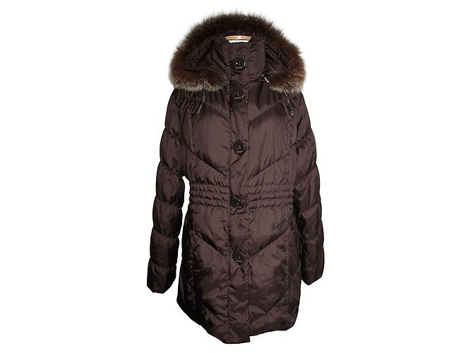 Balmain Casaco de padding com capuz de pele de raposa marrom profundo