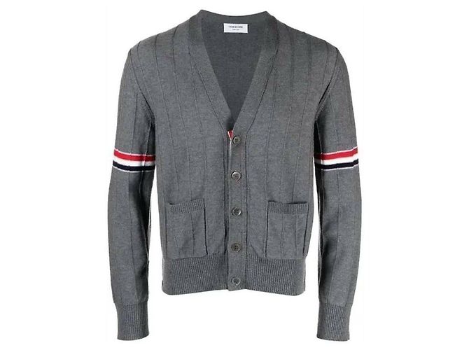 Thom Browne Cardigã de lã relaxado com decote em V e mangas com faixa Marrom