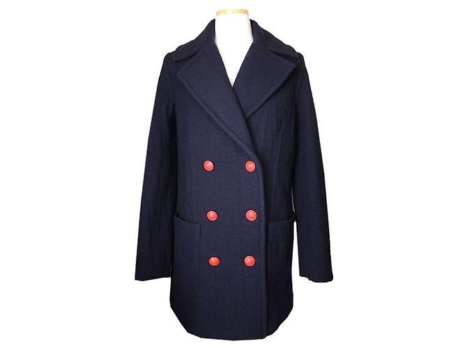 Zadig & Voltaire Marine Red Button Wool Blend Coat Blue