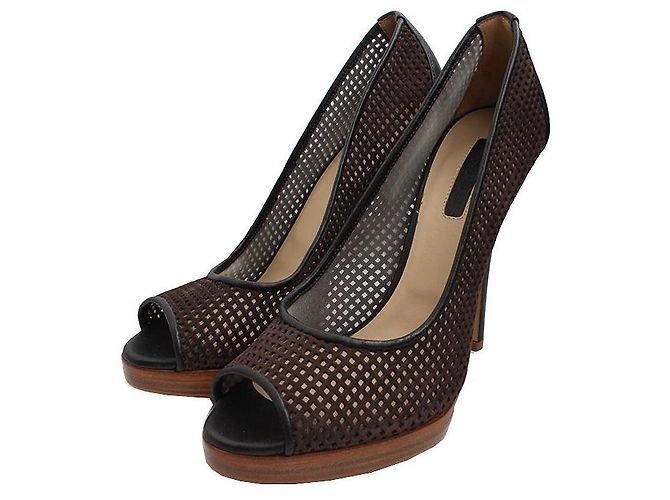 Longchamp Deep Brown Mesh High Heel Open Toe Shoes