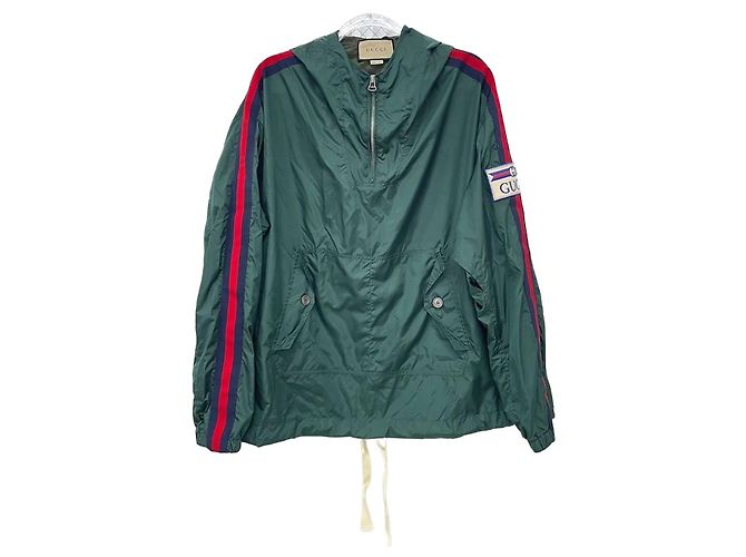 Gucci Giacca Anorak con Cappuccio e Logo Web Verde
