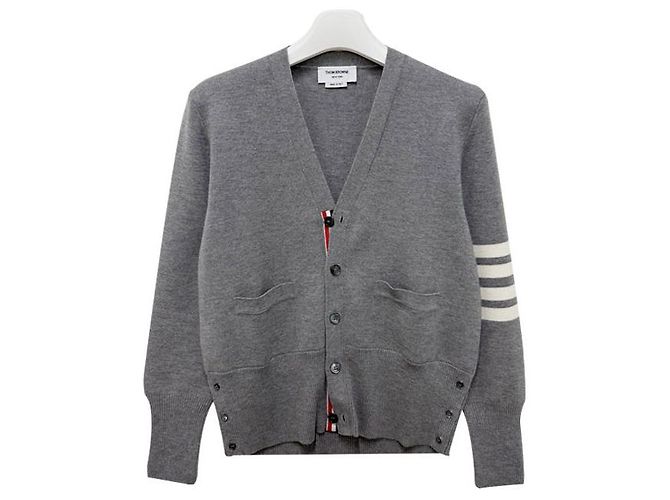 Thom Browne Cárdigan de lana con rayas diagonales y punto Milano gris claro Castaño