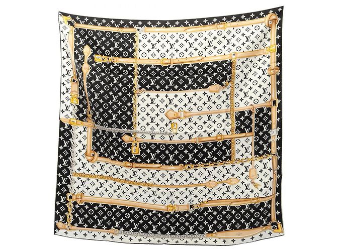 Cachecol de seda Monogram Confidential da Louis Vuitton para mulheres, branco, preto e multicolorido,