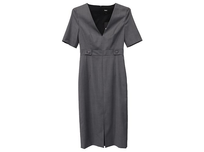 Hugo Boss Vestido midi em lã cinza Boss Danorla com listras e decote em V