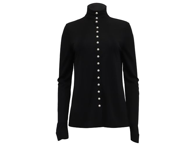 Timeless Schwarze Seidenbluse mit langen Ärmeln und perlenverzierten Knopfdetails von Chanel