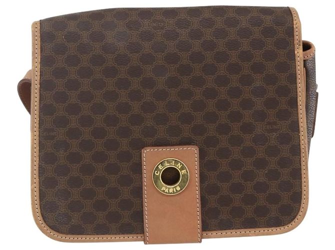 Céline Celine Vintage Macadam Circle Logo Canvas et cuir Marron