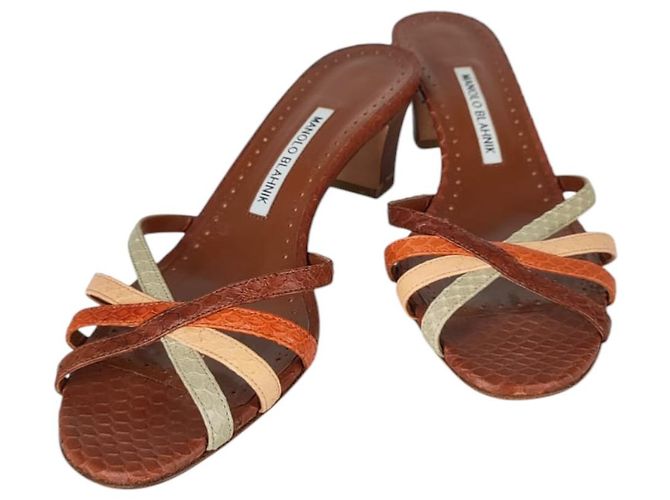 Manolo Blahnik Open Toe Snakeskin Mules Brown