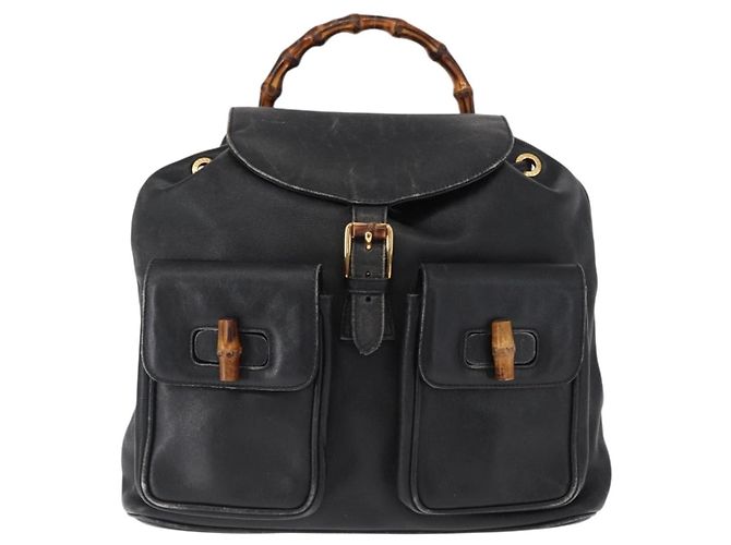 Bamboo Mochila de couro vintage Gucci com bambu Preto