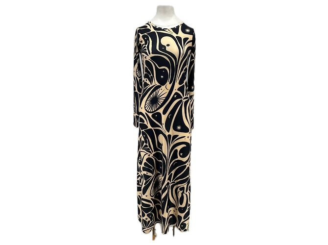 Autre Marque Vestido longo com estampas pretas e bege Preto