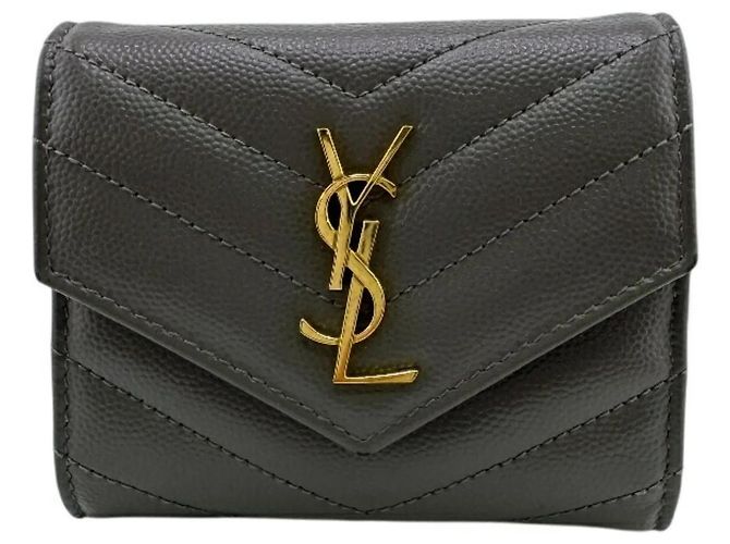 Saint Laurent Gray V-Stitch Tri-Fold Wallet Brown
