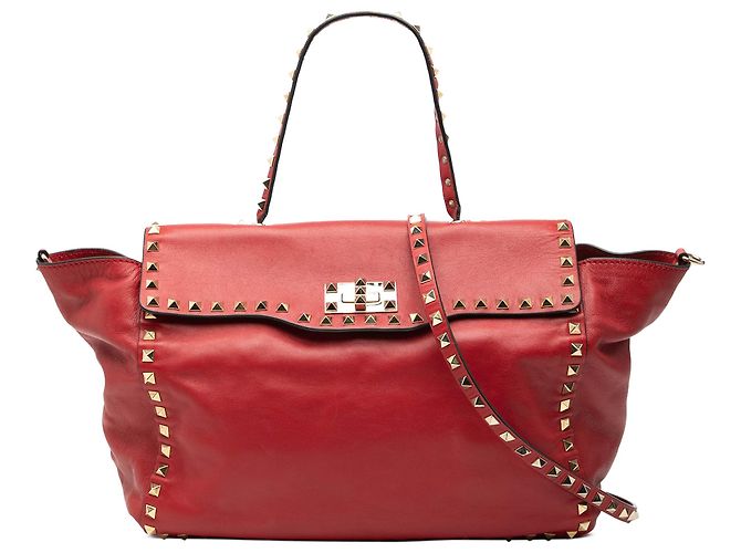 Valentino Rote Mittelgroße Leder Rockstud Trapez Klappentasche