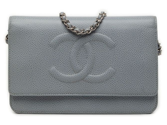Wallet On Chain Portafoglio Chanel grigio CC in caviar con catena Marrone
