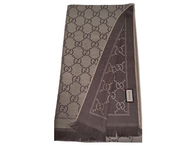 Cachecol reversível Gucci GG em lã marrom e bege Castanho escuro