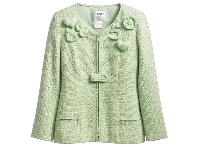 Giacca in tweed bouclé verde menta con zip e applicazioni Chanel 04C FR 42 Verde chiaro