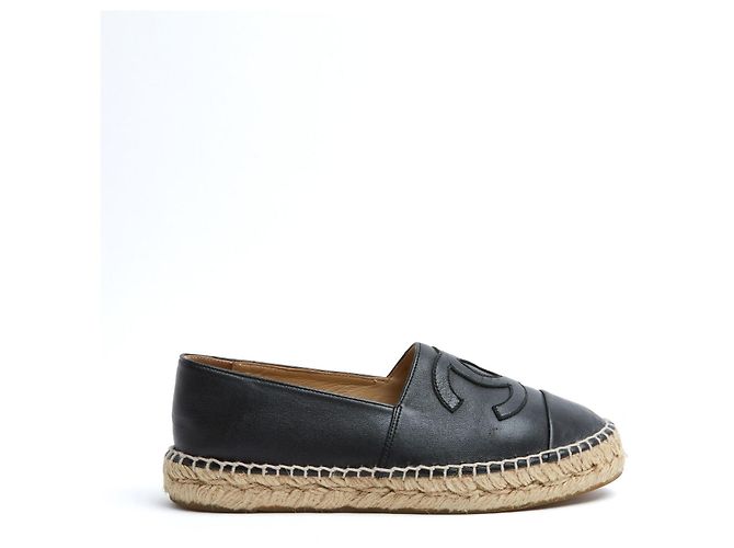 Espadrilles in Pelle Nera Chanel EU37 CC Nero su Nero Scarpe Flat UK4 US6.5