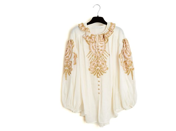 Zimmermann Top Bluse FR36 Oversize Ecru Rosa Bestickte Bluse UK8 US6 Roh