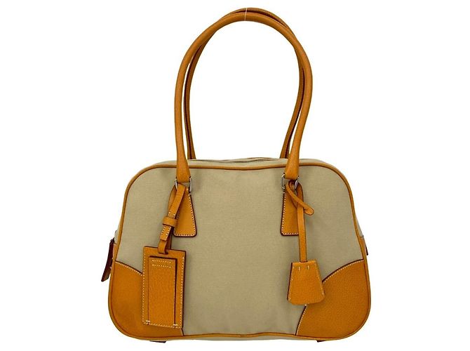 Prada Triangle Logo Canvas and Leather Tote Bag Beige