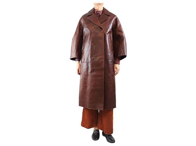 Ganni Brauner oversized Leder-Mantel - Größe S