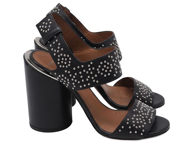 Givenchy Studded Ankle Strap Block-Heel Sandals in Black Leather