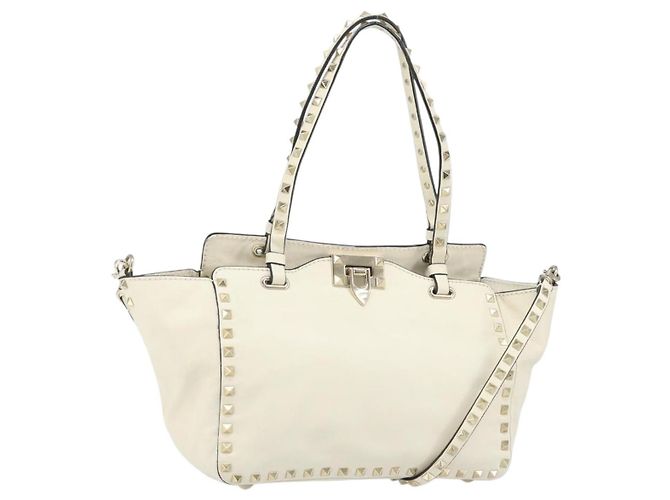 VALENTINO Bolsa de couro 2 em 1 Branco Ouro Auth bs32858 Dourado