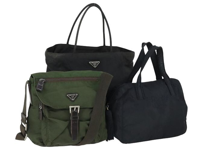 PRADA Borsa a Spalla Nylon 3 Set Nero Blu Navy Kaki Auth 165123 Cachi